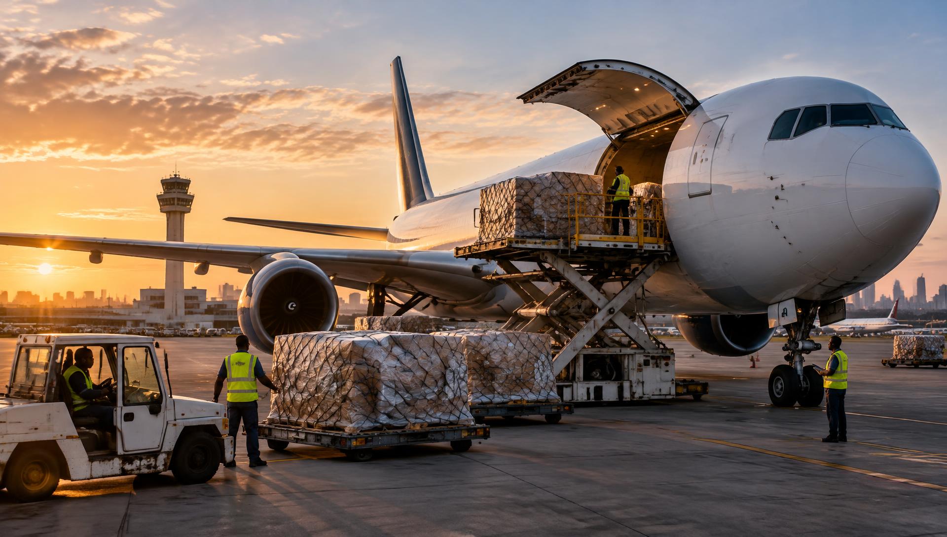 Cargo aircraft being loaded at sunrise