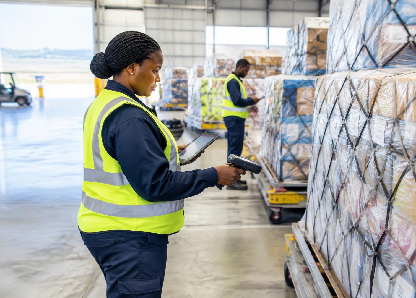 Air freight warehouse team scanning cargo